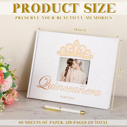 Image of MotiMind Quinceanera Guest Book with Pen 11 x 8 Inch Libro De Firmas Para 15 Anos Quinceanera Leather Hardcover Signature Book Guest Sign in for 15th Party Favors Decoration(White Rose Gold,Crown)