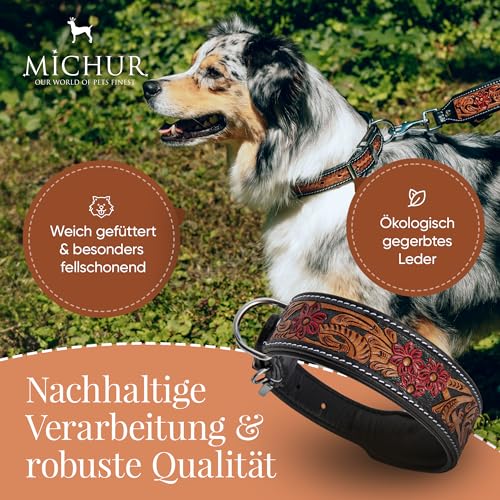 MICHUR Flora Hundehalsband Leder, Lederhalsband Hund, Halsband, SCHWARZ Rot Braun, Leder, mit roten Blumenmuster, in verschiedenen Größen erhältlich