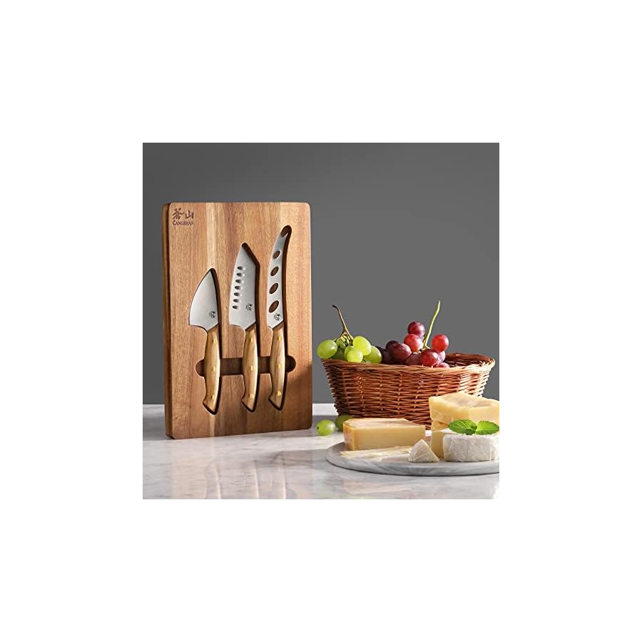 Cangshan-1027327-3-Piece-Olive-Wood-Cheese-Knife-Set-with-Acacia-Cheese-Board Cangshan 1027327 3-Piece Olive Wood Cheese Knife Set with Acacia Cheese Board