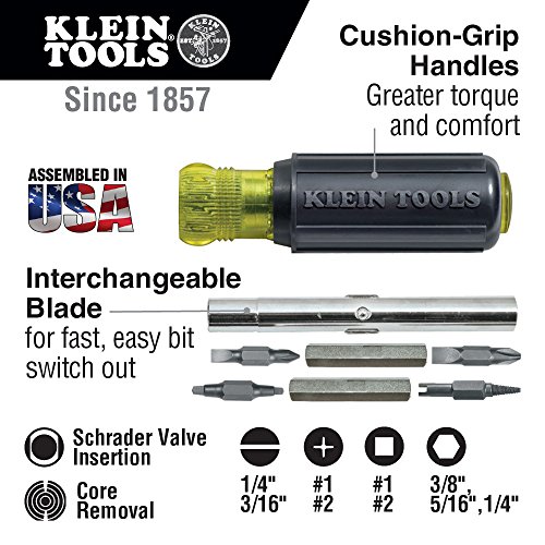 Klein Tools 32527 Multi-Bit Screwdriver / Nut Driver, 11-in-1 with Phillips, Slotted, Square, and Schrader Bits and Nut Drivers