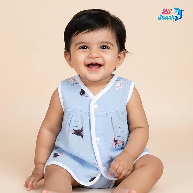 Image of Lil' Shark Muslin Cotton Frock Jhabla Set for Newborn Baby Girls | Sleeveless Vests | Summer Baby Dress 0-12 Months | Breathable Clothes | Assorted Prints