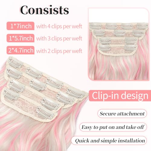 Image of KooKaStyle Clip in Synthetic Hair Extensions Long Wavy 4PCS Thick Hairpieces Blonde with Pink Highlight Fiber Double Weft Natural Hair Extensions 20 Inch for Women
