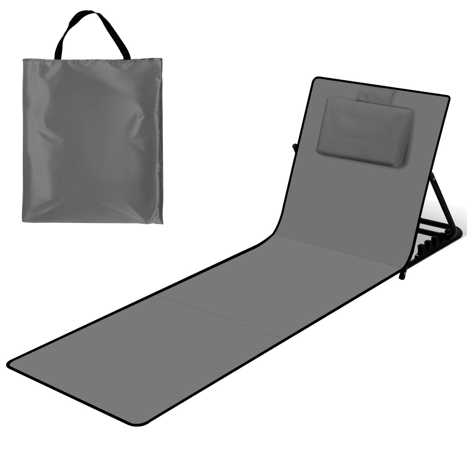 Lot de 2 tapis de plage pliables de 158 cm, dossier réglable sur 5 niveaux, avec oreiller et compartiment de rangement, portable, chaise longue pliable pour camping, gris