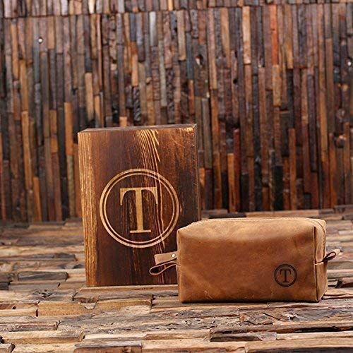 Personalized Brown Leather Toiletry Bag or Dopp Kit with Optional Wooden Gift Box