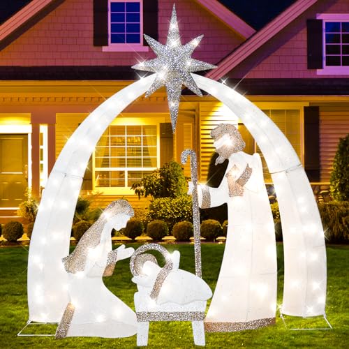 DORFELY 52”Nativity Scene Christmas Set Lighted up Decoration for Outdoor Yard Garden Display with 120 LED Warm White Lights, Pre-lit Christmas Tree Holy Family Decor AZ21JH-013