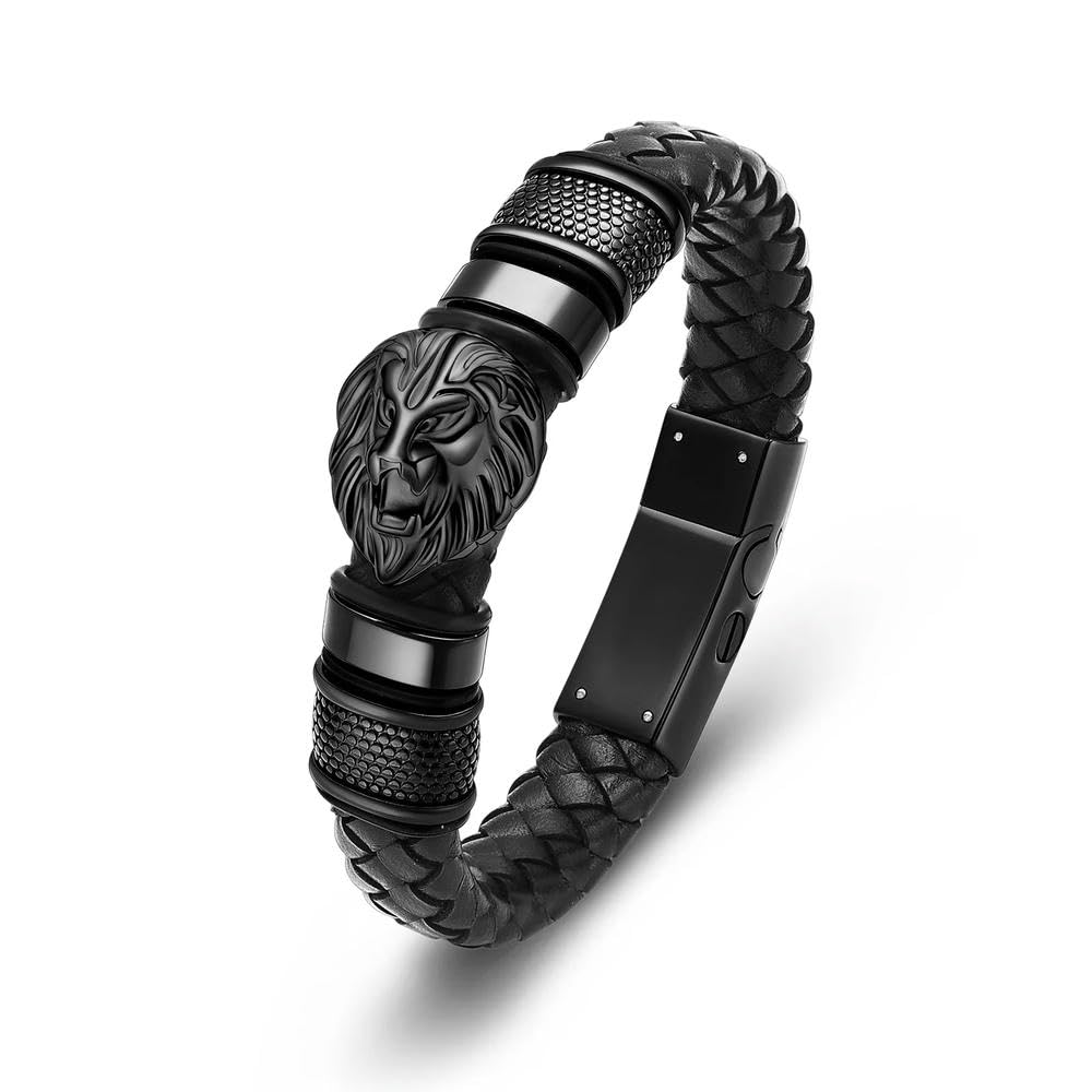 Bracelet de crémation urne cuir noir motif lion 22 cm bijou cinéraire homme