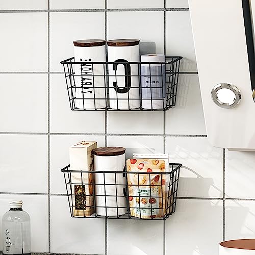 Hanging Kitchen Baskets For Storage Adhesive Small Wire Storage Baskets No Drilling Wall Mounted Shelf With Kitchen Food Pantry Bathroom Shelf Storage, 2 Pack, Black #TOP5