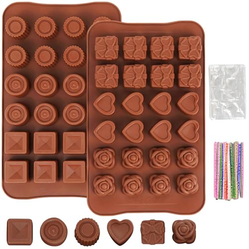 Blume/Runde Schokoladenform Silikon - 2er Extra Tief Schokolade Form, 3D Silikon Mulden, Dubai Schokolade Form, Lebensmittel Pralinenform mit 100 Walzband, Antihaft Silikonform für Pudding Süßigkeiten
