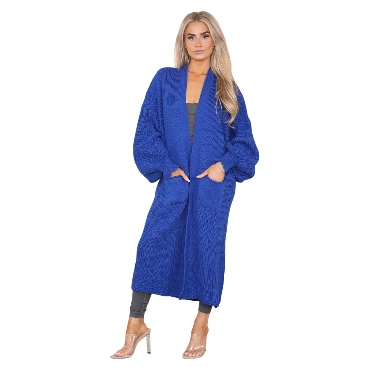 celebmodelook Womens Balloon Sleeve Cardigan Ladies Chunky Knitted Open Front Winter Oversized Long Maxi Cardigan Royal Blue