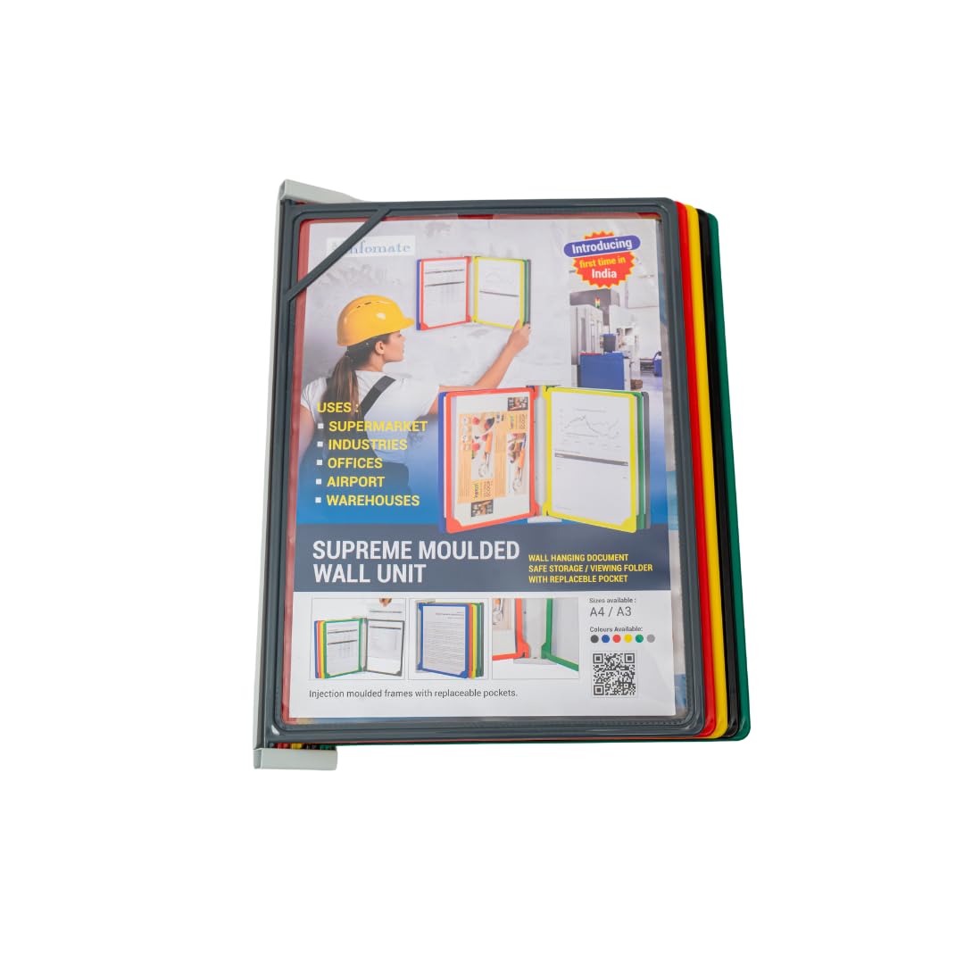 Infomate Wall Unit A4 β Wall Hanging Document Organizer with Quick-Insertion Transparent Pockets, Multicolored Folders (A4 with 5 Folders) 1
