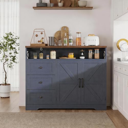 Image of 47 inch Blue Farmhouse Storage Cabinet with Barn Doors and Drawers, Sideboard | Buffet Cabinet with Storage, Kitchen Pantry Hutch, Coffee Bar Station Table for Kitchen, Living, Dining Room