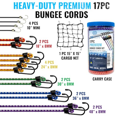 Image of GOEASY0312 Bungee Cords with Hooks Heavy Duty, 17 PCS Multi-Color | 10 inch, 18 inch, 24 inch, 30 inch, 36 inch, 48 inch Bungee Cords, Storage Jar & 15 inchx15 inch Cargo Net