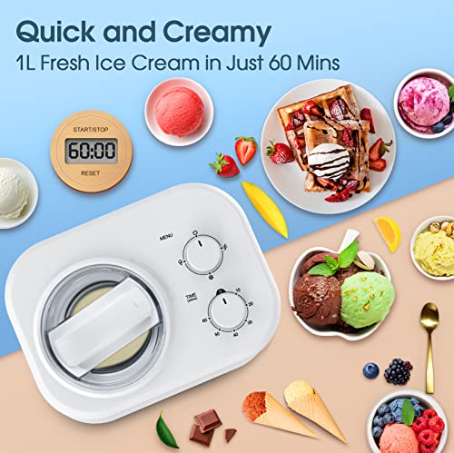 FREE VILLAGE 1.05-Qt Ice Cream Maker with Compressor, No Pre-freezing, 3 Modes Ice Cream Machine with Timer, Easy Use, Keep Cool Function, Ice Cream Maker makes Gelato, Sorbet at Home (ICE-1033)