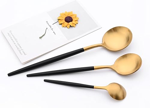 Miniatura 6 de Juego de vajilla de 24 piezas de acero inoxidable 1810 con mango negro para cenas y postres, juego de cubiertos para el hogar, restaurante, servicio