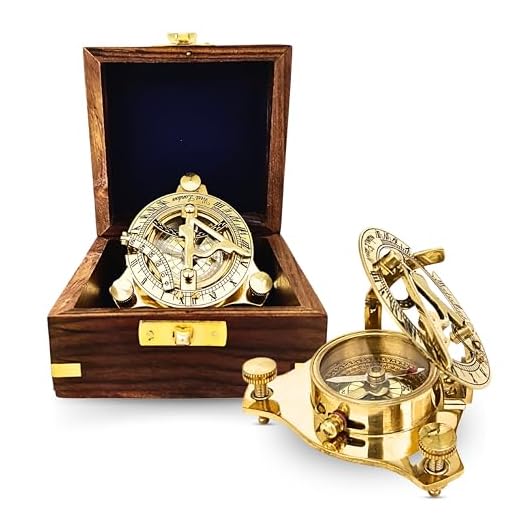 Brass Golden Sun-Clock Compass with Wooden Box Vintage Nautical Sundial Compass