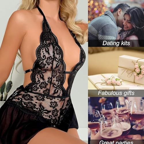 طقم لانجيري للنساء من الدانتيل، قميص نوم دانتيل برقبة على شكل حرف V، قميص نوم مثير مفتوح من الامام مفتوح من الامام (اسود)