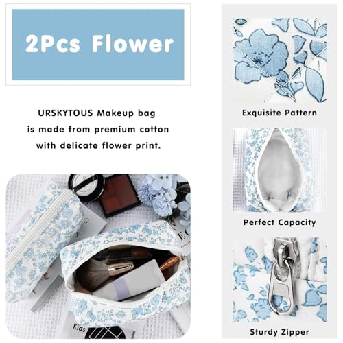 2Pcs Floral Makeup Bag for Women Cotton Quilted Small Coquette Cosmetic Bag Cute Zipper Blue Flower Makeup Pouch Aesthetic Portable Pencil Case Travel Toiletry Bag Trendy Cloth Skincare Bag3