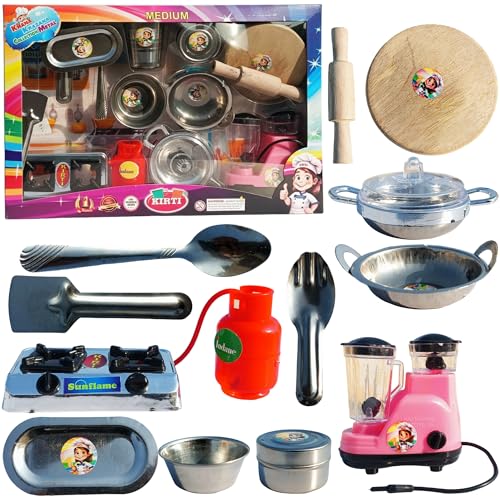 Image of DZLING Kids Steel Kitchen Set Toys, Traditional Indian Cooking Playset with Utensils, Gas Stove, Blender, Chakla Belan Accessories, Role Play Pretend Cooking Toy for Boys & Girls (Medium Kitchen)