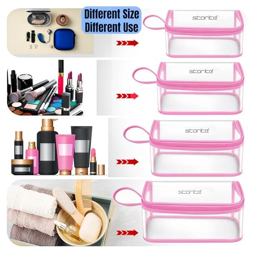 Image of Storite Set of 4 PVC Travel Pouch Multipurpose Waterproof Cosmetic & Toiletry Bags with Zipper for Makeup, Stationery & Accessories - Transparent Pink