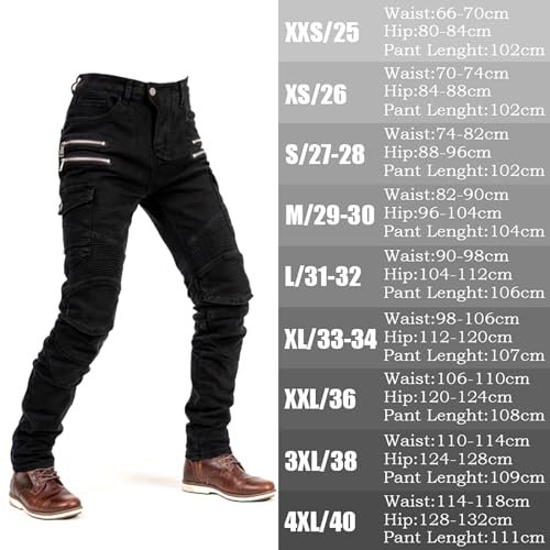 oFzimTo Motorrad-Jeanshose Für Herren, Sturzfeste Jeans Mit Geradem Bein Und 4 Arten Von Schutzausrüstung, Motorradhose Für Motorradrennfahrer (Black,L)