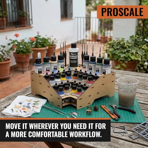 Image of PROSCALE Corner Paint Rack Organizer, Art desk Corner Paint Stand holder for Miniature & Model Paints + Brush /Tool Slots, 26 36mm Holes Compatible with Vallejo, Army Painter, AK (Module C)