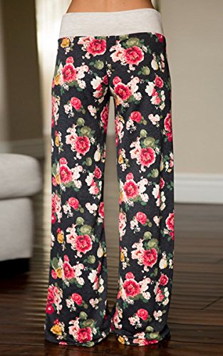 Image of AMiERY Women's Comfy Casual Pajama Pants Floral Print Drawstring Palazzo Lounge Pants Wide Leg