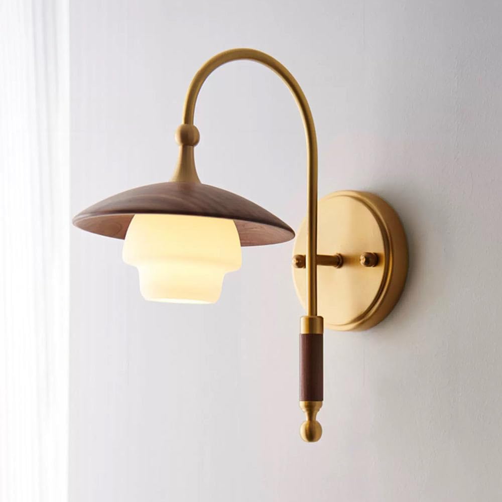 HYJAUSXB Mid Century Modern Sconces Wall Lighting d | Walnut Lamp with White Glass Shade, Farmhouse Style Retro Brass Mount Lights for Bedroom Bedside, Hallway, Foyer, Living Room