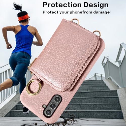 Furiet Wallet Case for Samsung Galaxy S25 Plus S25+ 5G Shoulder Strap Ring Buckle, Luxury PU Leather Zipper Flip Organ Purse Card Holder Stand Full Body Cell Phone Cover for S25Plus 25S 25+ Rose Gold by Furiet - Used condition - Image 6