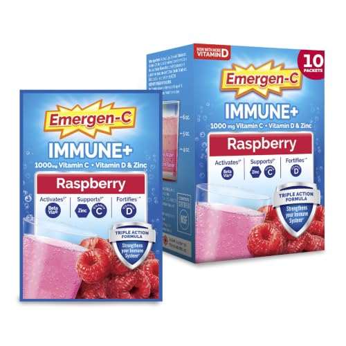 Image of Emergen-C Immune+ Triple Action Immune Support Powder, BetaVia (R), 1000mg Vitamin C, B Vitamins, Vitamin D and Antioxidants, Raspberry, Back to School Essentials - 30 Count