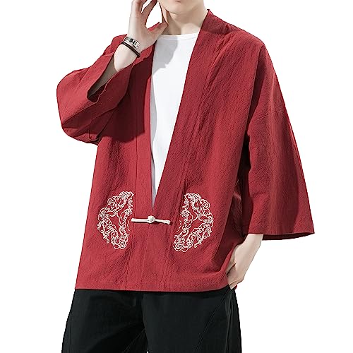 Image of Mens Kimono Cardigan Cotton Linen Japanese Shirt 3 /4 Sleeve Haori Yukata | Skin-Friendly Solid Color Lightweight Shawl Collar Kimono Robe Embroidery Button Tie Pockets Happi Coat All Season Daily Wear