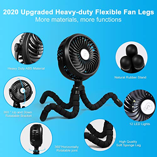 [2020 Upgraded] WGCC Personal Handheld Fan, 2600mAh 12 LEDs Clip On Tripod Fan Stroller Fan for Bedroom, Car Seat Camping with 3 Speeds and 360°Rotation - Thumbnail 4