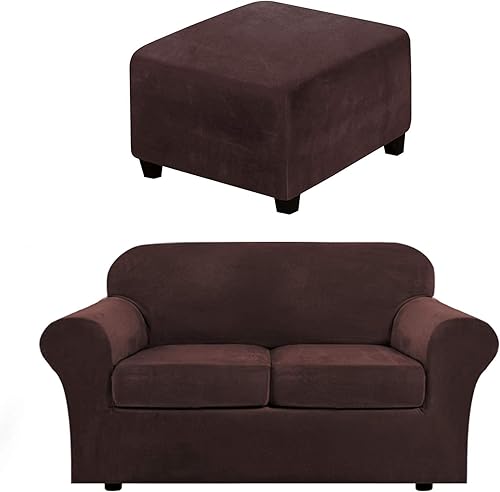 H.VERSAILTEX Real Velvet - Juego de 3 fundas para sofá biplaza (funda base más 2 fundas de cojín individuales), funda cuadrada otomana, color marrón