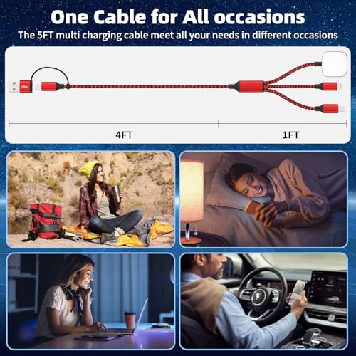 Image of Travel Essentials 3in2 Multi Charging Cable for iPhone Watch Charger,USB A /C to Type C /IP /iWatch charger,Travel Chargers for Multiple Devices Compatible with iWatch Series&iPhone 16-12(2PACK,5FT)