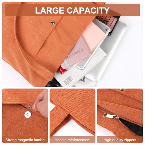 Bolso tote de corduroy para mujer, bolso grande de hombro con cremallera y bolsillos para trabajo, viaje y compras miniatura 4