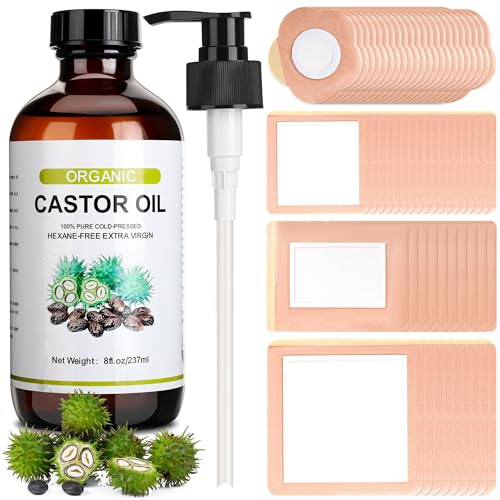 Suquuee - Castor Oil Pack for Belly Button, 60Pcs Self-Adhesive Cotton Patches + 8oz Organic Oil,...