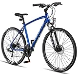 Vorderlicht Licorne Bike Premium Voyager Trekking Bike in 28 Zoll - Fahrrad für Jungen, Mädchen, Damen und Herren - 21 Gang-Schaltung - Mountainbike - Crossbike (Herren, Navy Blau)