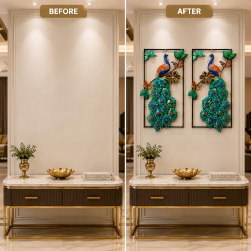 Image of SHREE 'O' GREEN TECH - Modern Multicolor Peacock Wall Decor with Vibrant Feather Artwork Floral Accents and Decorative Leaves for Living Room Bedroom Hallway Home Interior (Set of 2)