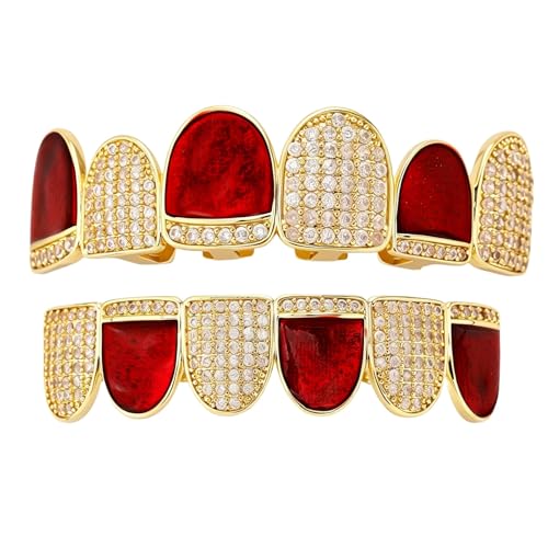Grillz hip-hop de oro y plata unisex con microincrustados rojos