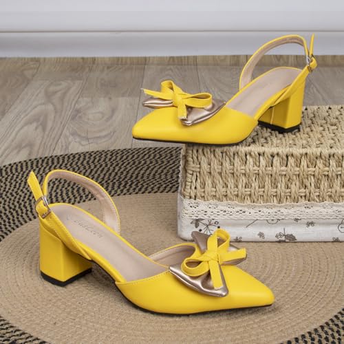 Womens Sling Back Shoes Low Heel 2.3 Inch Chunky Block Pumps Bows Heels for Women Closed Pointed Toe Yellow Dress Comfortable Sandals Shoes Noiseless Sole Available2