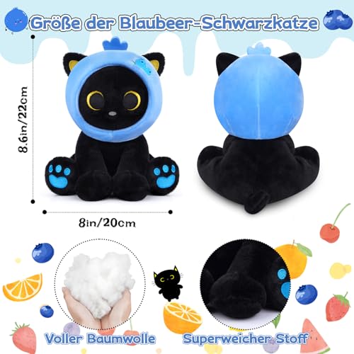 MUFEIRUO Schwarze Katze Plüschtier mit Blaubeer-Kopfhaube,Katze Plüsch Stofftier mit Abnehmbare Kapuze,Kuscheltier Geschenk zum Geburtstag,Halloween,Weihnachten