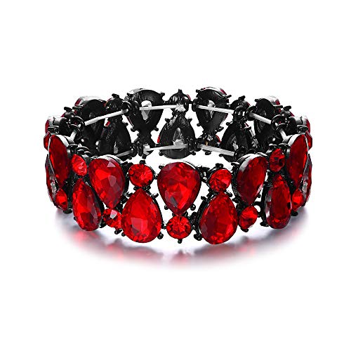 Flyonce Bridal Crystal Teardrop Elastic Stretch Bracelet For Women, Rhinestone Statement Jewelry Red #TOP23