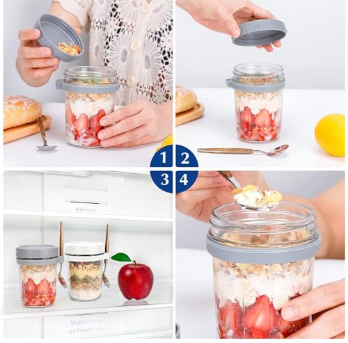 Image of 350 ml Overnight Oats Containers with Lids and Spoons,Glass Mason Jars Overnight Oats Leak Proof Oatmeal Container Great Cereal Fruit Vegetable Milk Salad (multi) (white and grey)