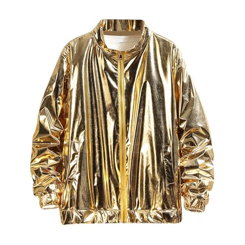 Mens Shiny Stage Jackets Coat Full Zipper Long Sleeve Loose Casual Fashion Jackets Outwear for Stage Performance