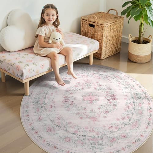 Image of Wonnitar Pink Washable Round Rugs 6ft, Bow Round Area Rug for Bedroom, Ultra-Thin Non Slip Soft Boho Floral Circle Carpet for Teen Girl Room Kids Nursery Living Room Decor, Light Pink