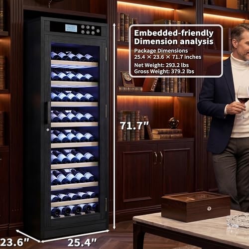 Image of KEIKI Freestanding Wine Refrigerator with Wood Cabinet, 102 Bottle Single Zone Wine Cooler, Humidity Control Tempered Glass Door, LED Light Lockable Pull-Out Shelves, for Home Bar Kitchen, Black
