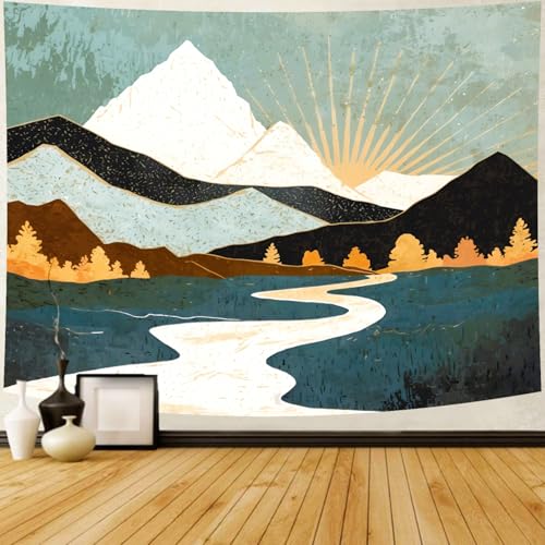 Delur Boho Mountain Tapestry Sunset Nature Forest Tree Landscape Wall Hanging Tapestry Sunrise Abstract Psychedelic Headboard for Bedroom Living Room Home Decor (51.2
