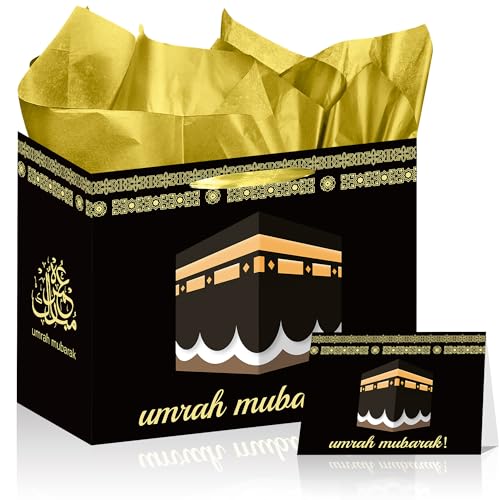 HSUUSDU Umrah Gift Bags Dua Cards - Presentes Eid Mubarak Hajj Preto Dourado Saco de Papel Dua Cartão para Umrah Eid Ramadã Sacolas Presentes Sacola de Compras Embrulho Festival Islã Muçulmano