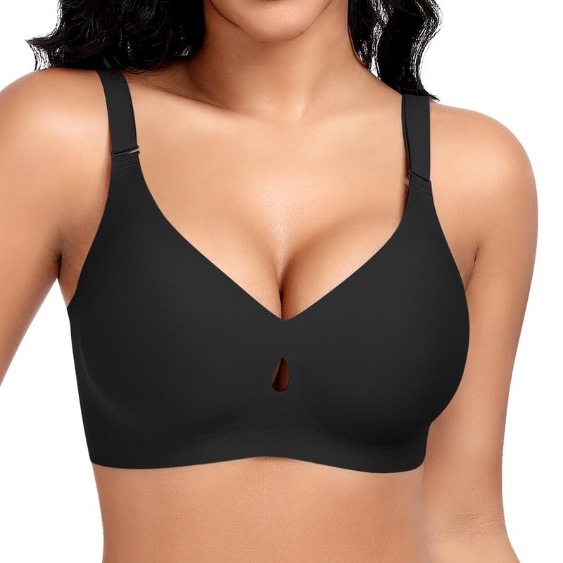 Jiuday BH Damen ohne Bügel Große Brüste Nahtloser Push Up BH Soft Bequemer Seamless Bra T Shirt Bügelloser Gepolstert Klassische Bralette (Aushöhlen Schwarz,L)