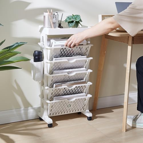 VECELO 本棚 幅37.6X奥行き22.5X高さ76.3cm 教科書収納 ファイルワゴン 可動式 隙間収納 組立簡単 多機能 キャスター付き インテリア 安定性 本立て 省スペース 北欧 オープンシェルフ マガジンラック 子供用 学生用 教室 オフィス