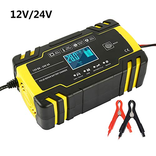 FullLove - Cargador para Coche, 12 V/24 V, con Pantalla LCD multiprotección de Carga automática, Cargador Inteligente, Cargador de batería para Coche o Moto